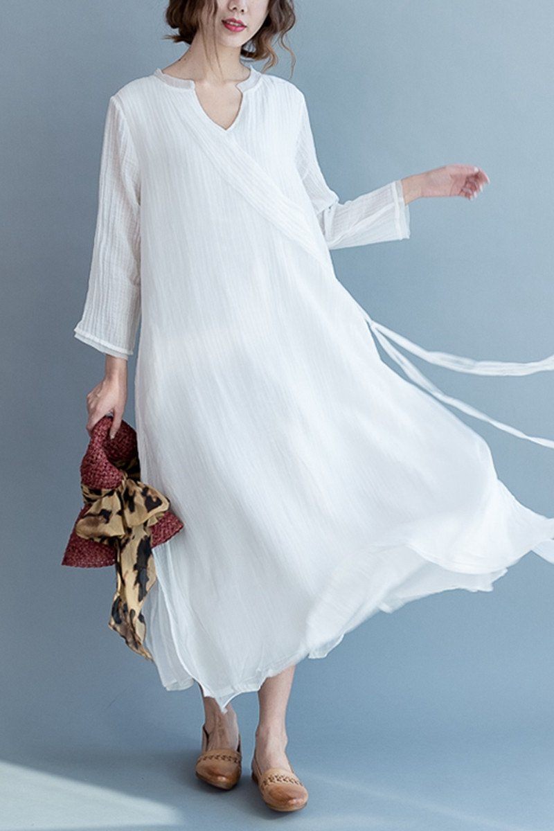 White Silk Linen Long Summer Dresses V-Neck Women Clothing Q3111