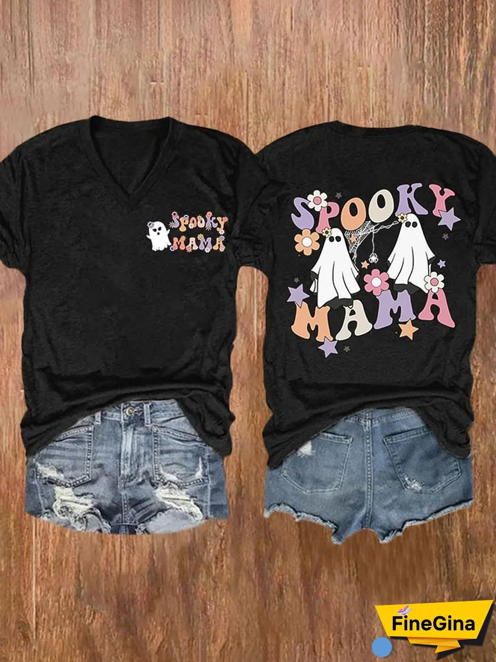 V-neck Halloween Spooky Mama Flower Print T-Shirt