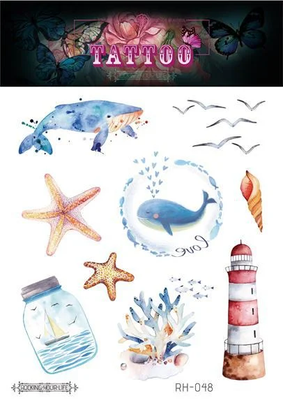 12 Kinds Handpainted Ocean Tattoo Sticker Flower Whale Starfish Turtle Temporary Body Art Disposable Make Up tatouage temporaire