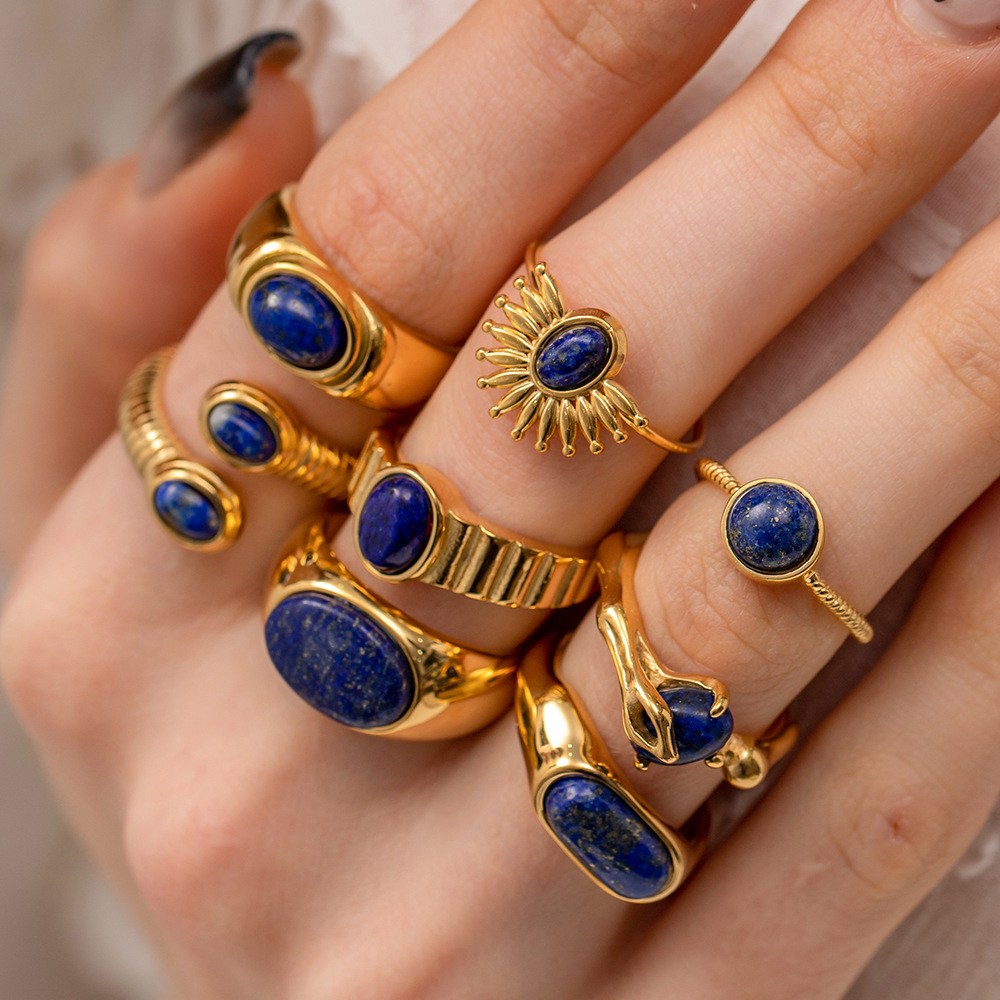 Regal Titanium Steel Ring & Lapis Lazuli Necklace Set - Vintage Luxury