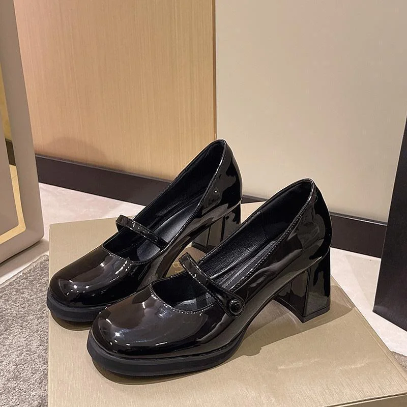 Colourp Colourp Black High Heels Women Spring 2024 New French Thick Heel Small Leather Shoes British Style Mary Jane Women's Shoes