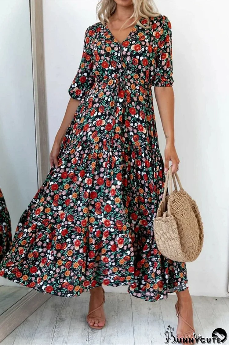 Floral Print V-Neck Slit Maxi Dress