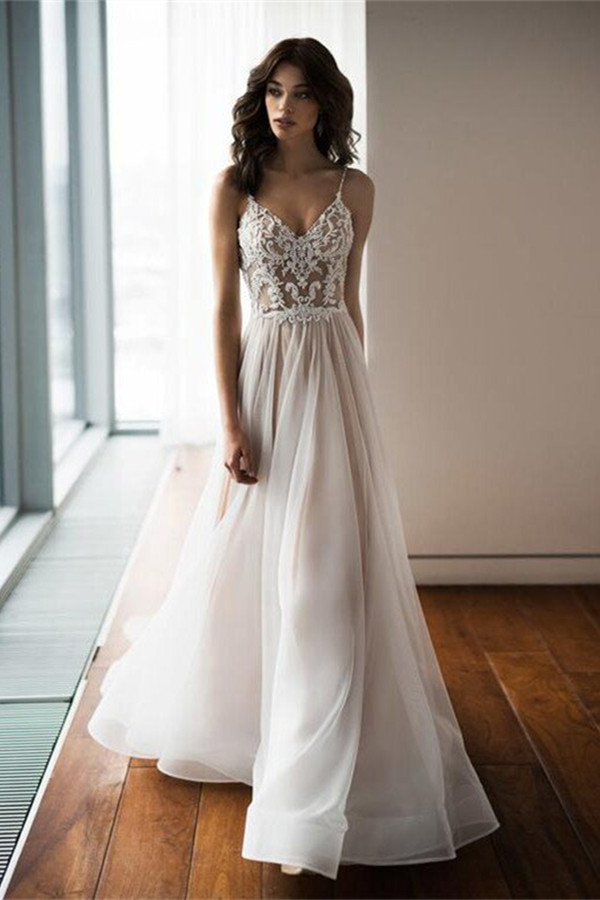 Spaghetti-Straps Lace Appliques Wedding Dress Tulle Beach Bridal Gowns - lulusllly