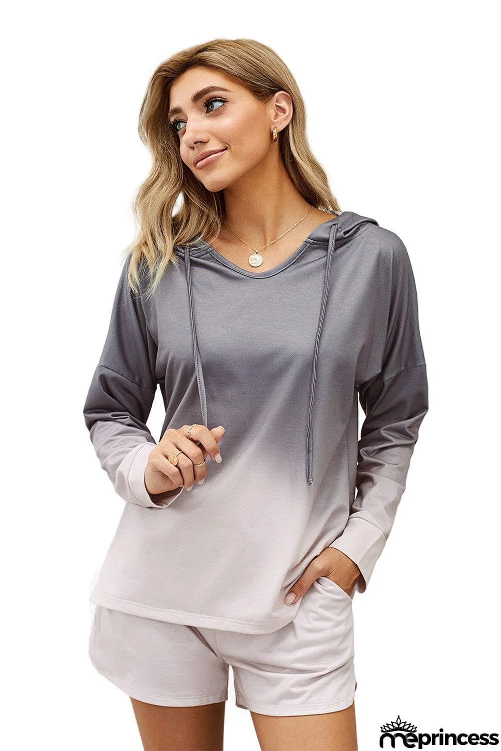 Gray Dip Dye Long Sleeve Hooded Lounge Sweatshirt Shorts Set