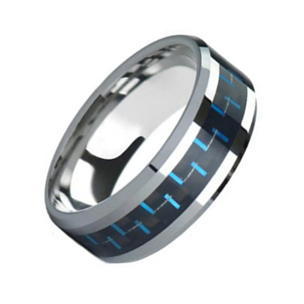 6MM 8MM Mens Blue Carbon Fiber Tungsten Rings Beveled Edge
