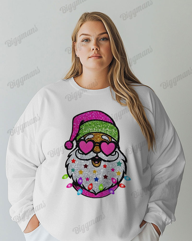 Women's Plus Colorful Shiny Santa Claus Print Long Sleeve T-shirt