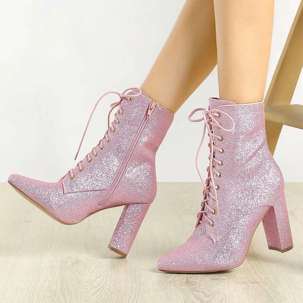 Pink Pointed Toe Side Zipper Lace Up Booties for Women with Glitter