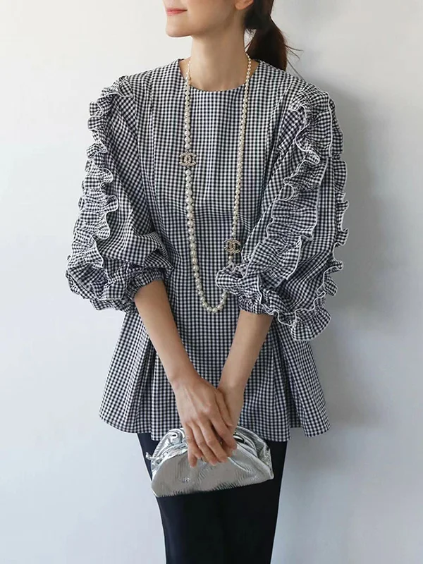 Trendy Tops Loose Puff Sleeves Plaid Agaric Laces Falbala Round-Neck Blouses