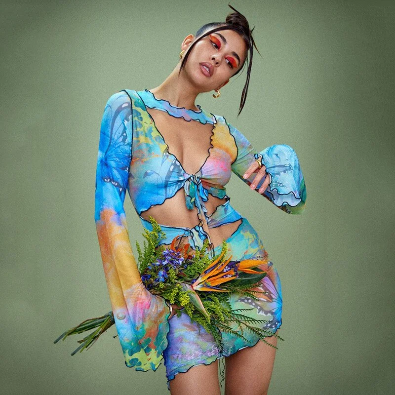 Butterfly Tie Dyeing Print  Women's Dress Clubwear 2023 Long Flare Sleeve Hollow Out Lace-up V-neck Pencil Dressess