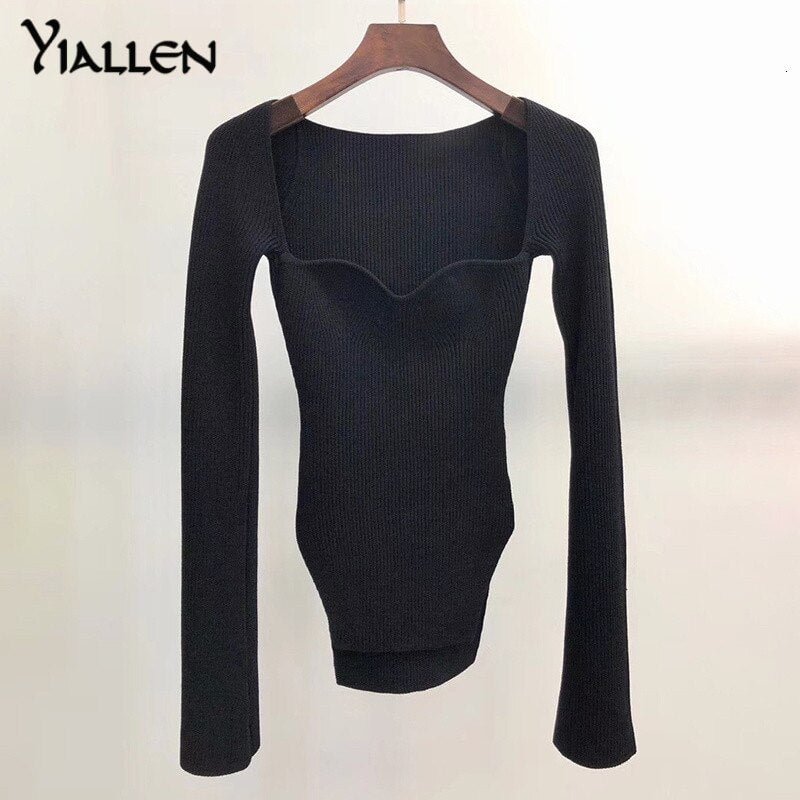 Yiallen White Side Split Knitted Women's 2022 Sweater Square Collar Long Sleeve Sweaters Female Autumn Fashion New Clothes Hot