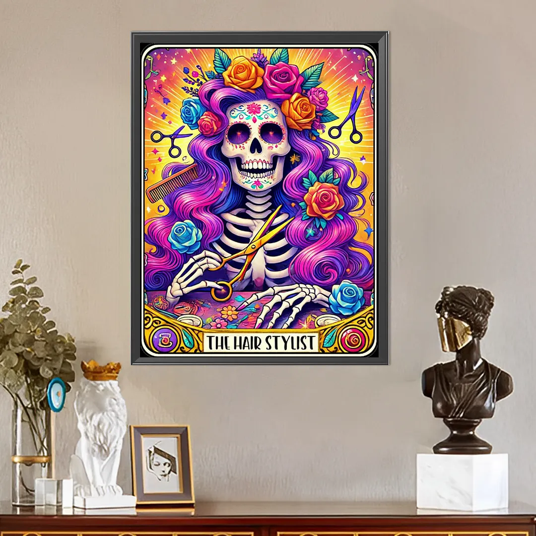 Barber Skull Tarot Cards DIY 5D Round Full Drill Diamond Painting Gem Art Kits for Adults/Beginners Gift Idea Home Wall Decor Diamond Dots Paintings Picture Arts Craft 15.75x19.69Inch