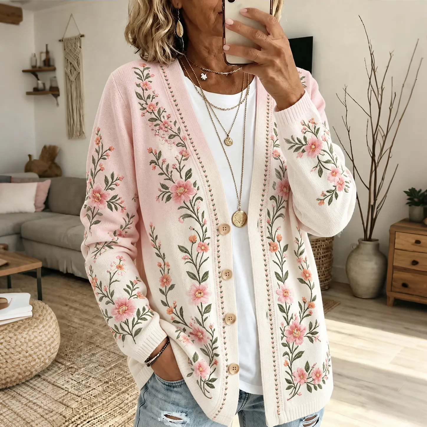 Comstylish Women's Retro Flower Print V Neck Cozy Knit Cardigan