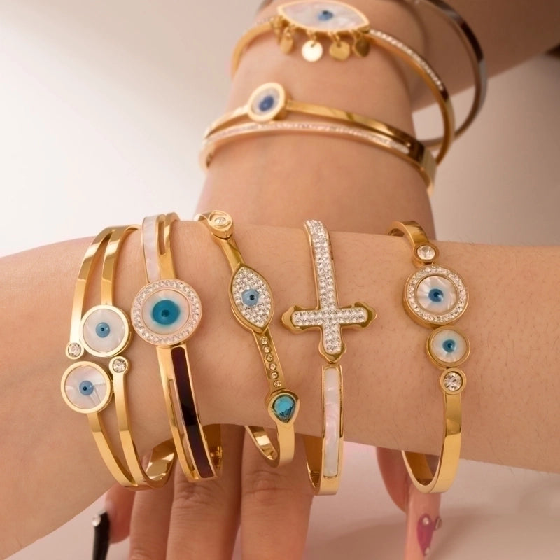 Fashion Devil’s Eye Stainless Steel Gold Plated Rhinestones Gold Plated Bangle