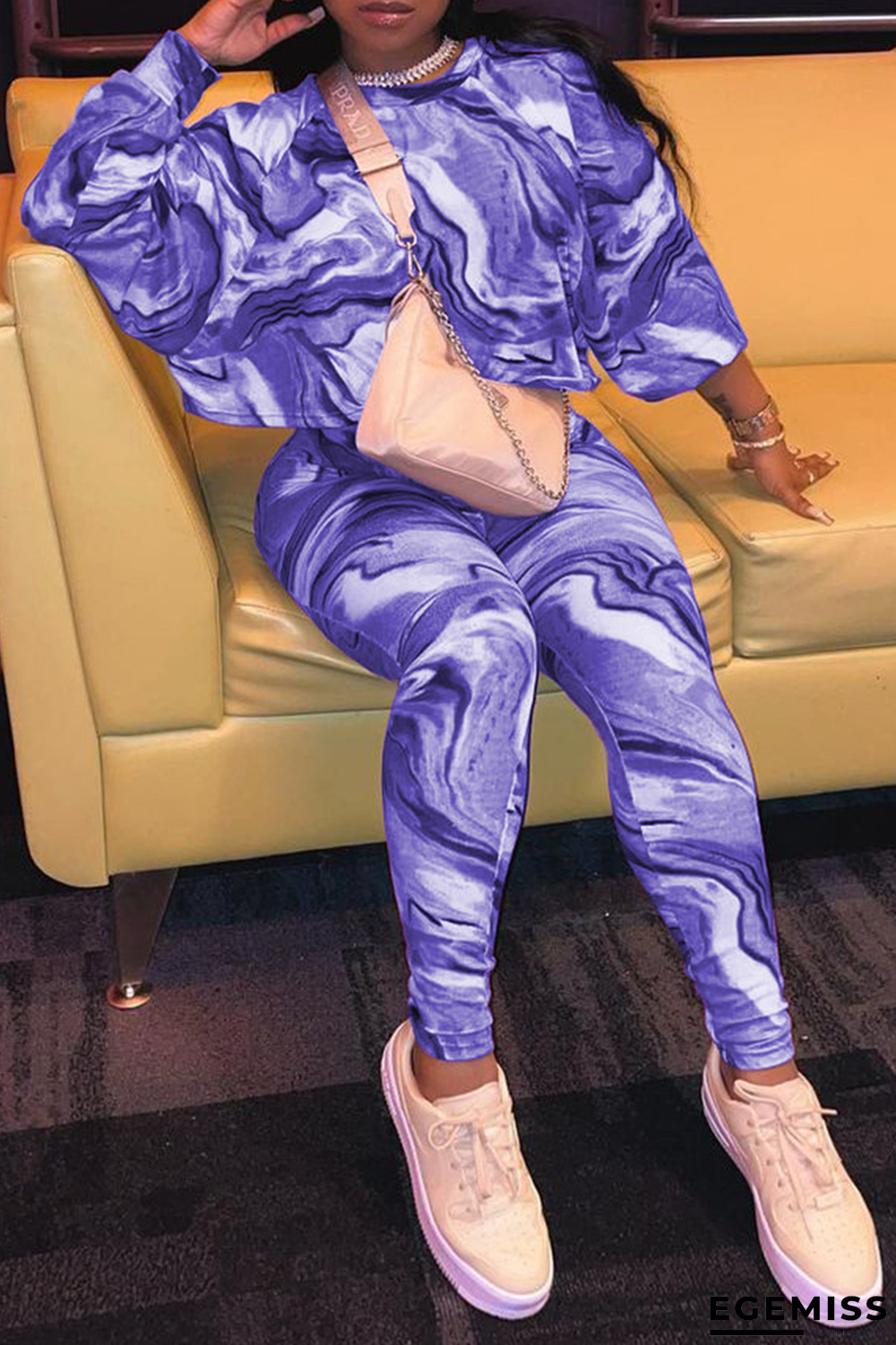 Blue Casual Patchwork Tie-dye O Neck Long Sleeve Two Pieces | EGEMISS