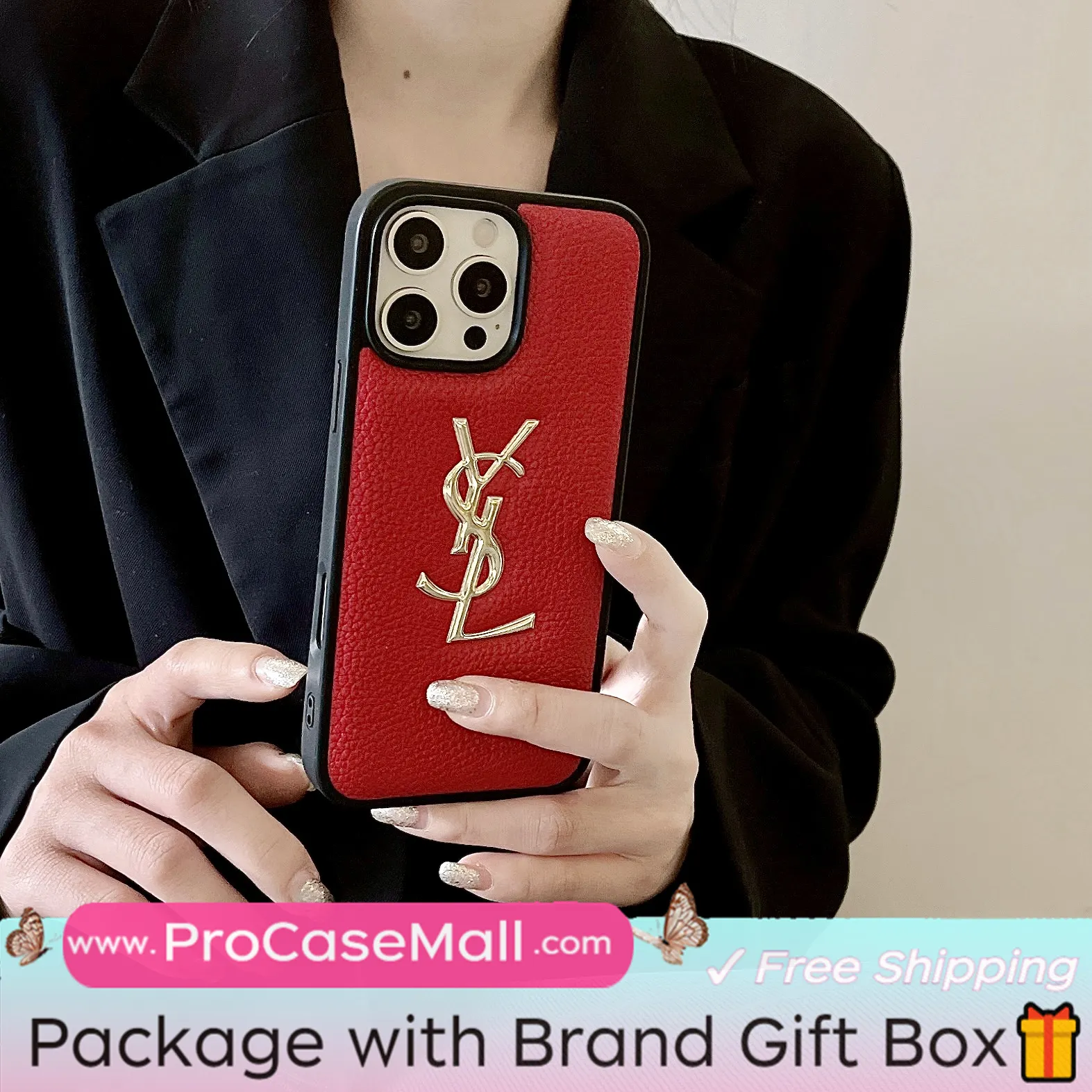 GOLD STAMPING GOLD PRINTED YSL LEATHER APPLE IPHONE CASE