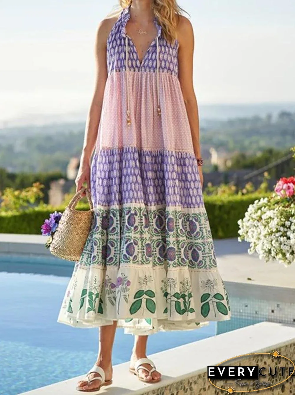 V Neck Rayon Printed Summer Dress