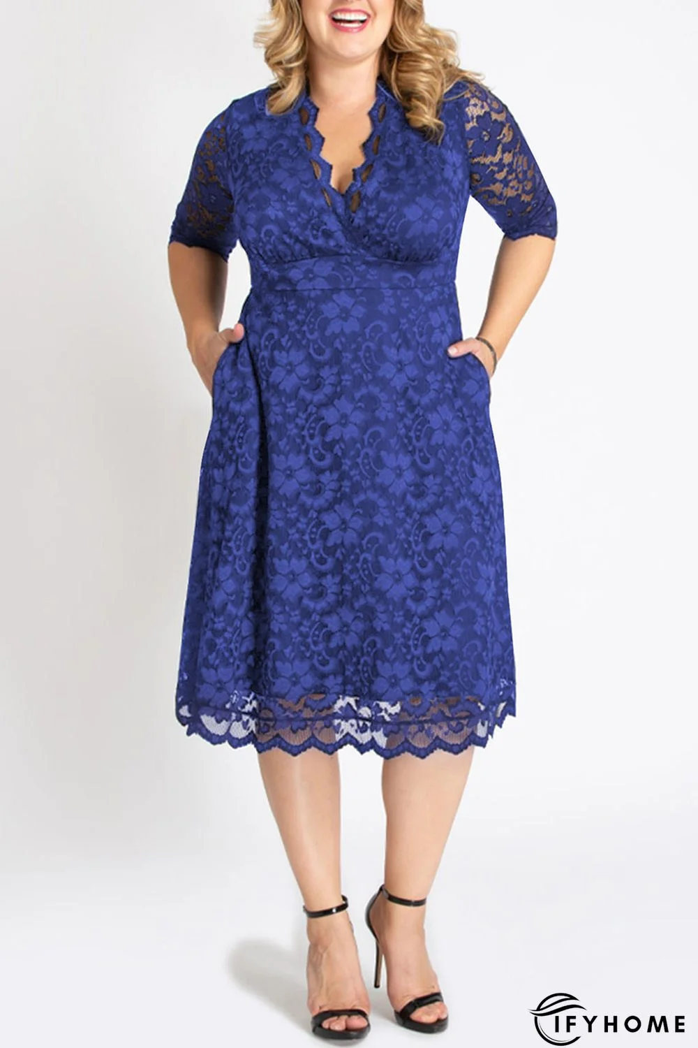 Blue Plus Size Half Sleeve Lined Lace Midi Dress | IFYHOME