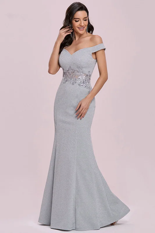Grey Off-the-Shoulder Sequins Mermaid Prom Dress Long - lulusllly