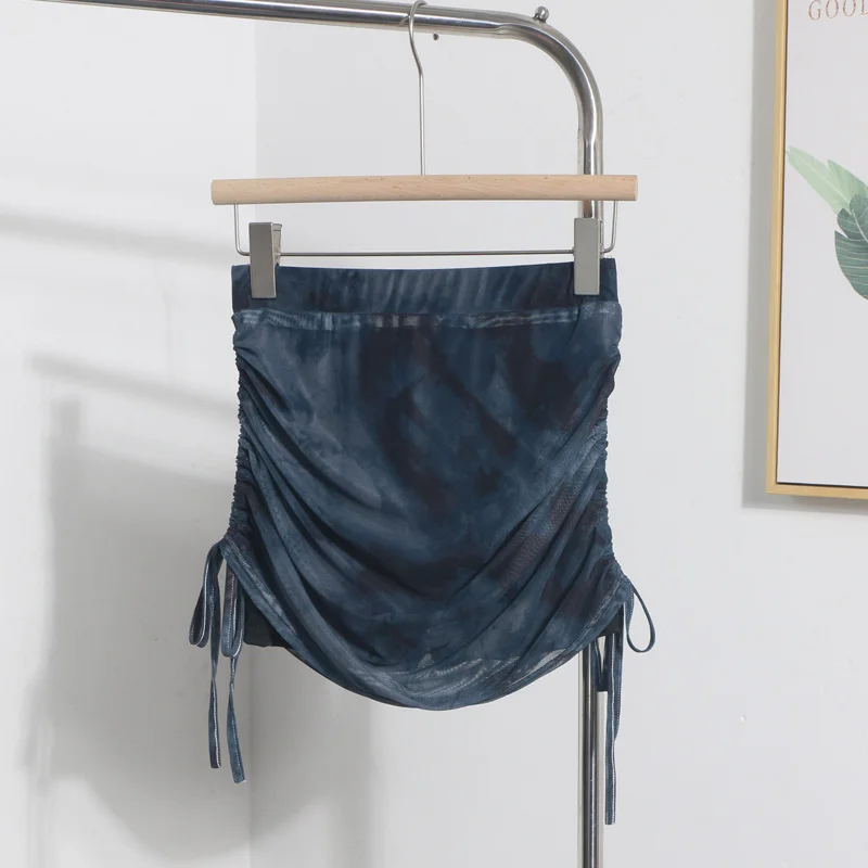 Uveng Solid Shot Tie-Dye Printing Net Yarn Rope With Folded Bag Hips Babes Short Skirt Anti-Light Repair Body Skirt 9919