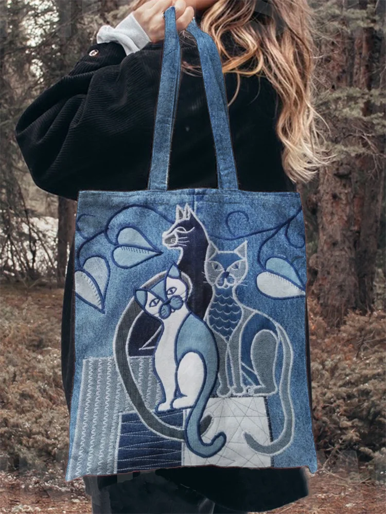 Lovely Cats Denim Patchwork Art Tote Bag