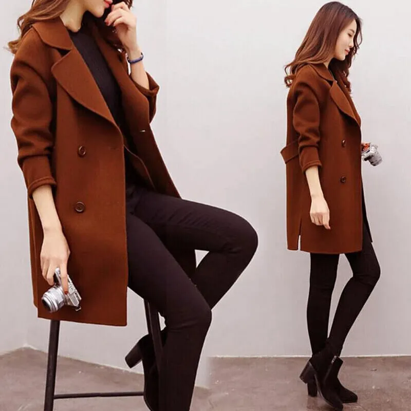 Women Wool Blend Warm Long Coat Plus Size Female Slim Fit Lapel Woolen Overcoat Autumn Winter Cashmere Outerwear