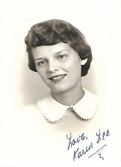 Found Photo Poster painting bw 1950's HIGH SCHOOL GIRL Original Portrait YOUNG WOMAN 15 27 R