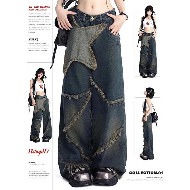 Aiertu Women Blue Cargo Jeans Baggy Vintage 90s Aesthetic High Waist Cowboy Pants Harajuku Denim Trousers Y2k Trashy 2000s Clothes 2024 Aiertu