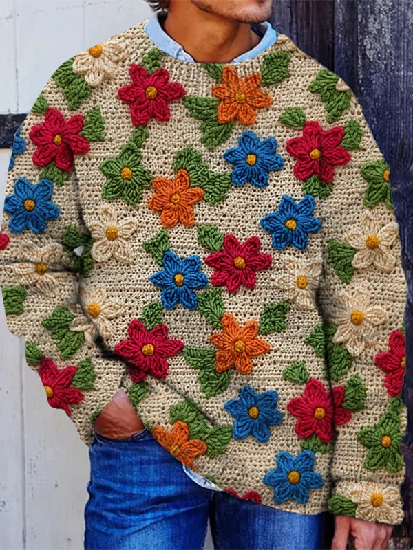 Men's Flower 3D Woolen Yarn Embroidery Art Print Knit Sweatshirt