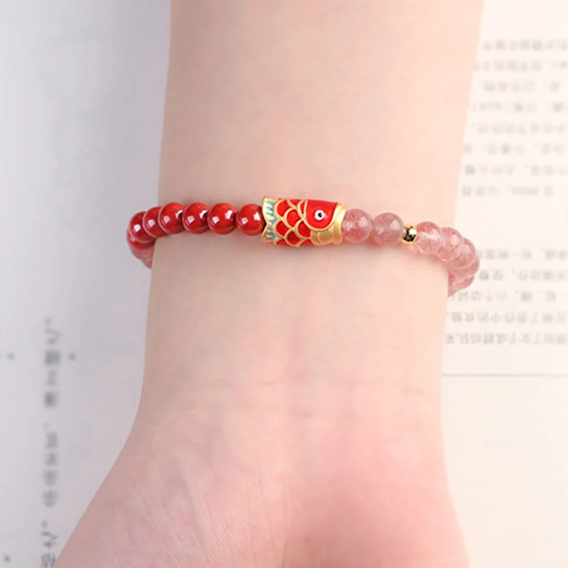 Cinnabar Strawberry Quartz Lucky Koi Fish Healing Bracelet