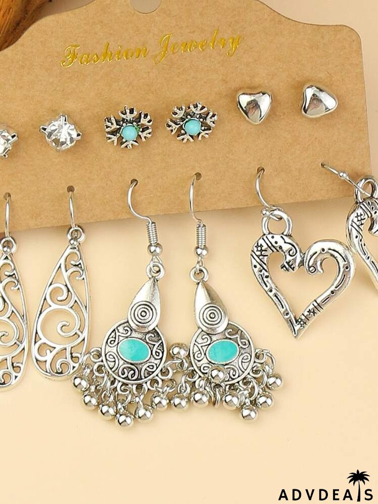 6pairs Heart Charm Hollow Out Earrings