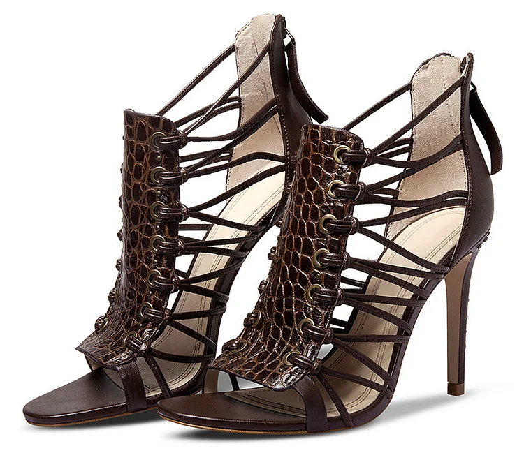 Dark Brown Strappy Sandals Open Toe Alligator Print Stiletto Heels |FSJ Shoes