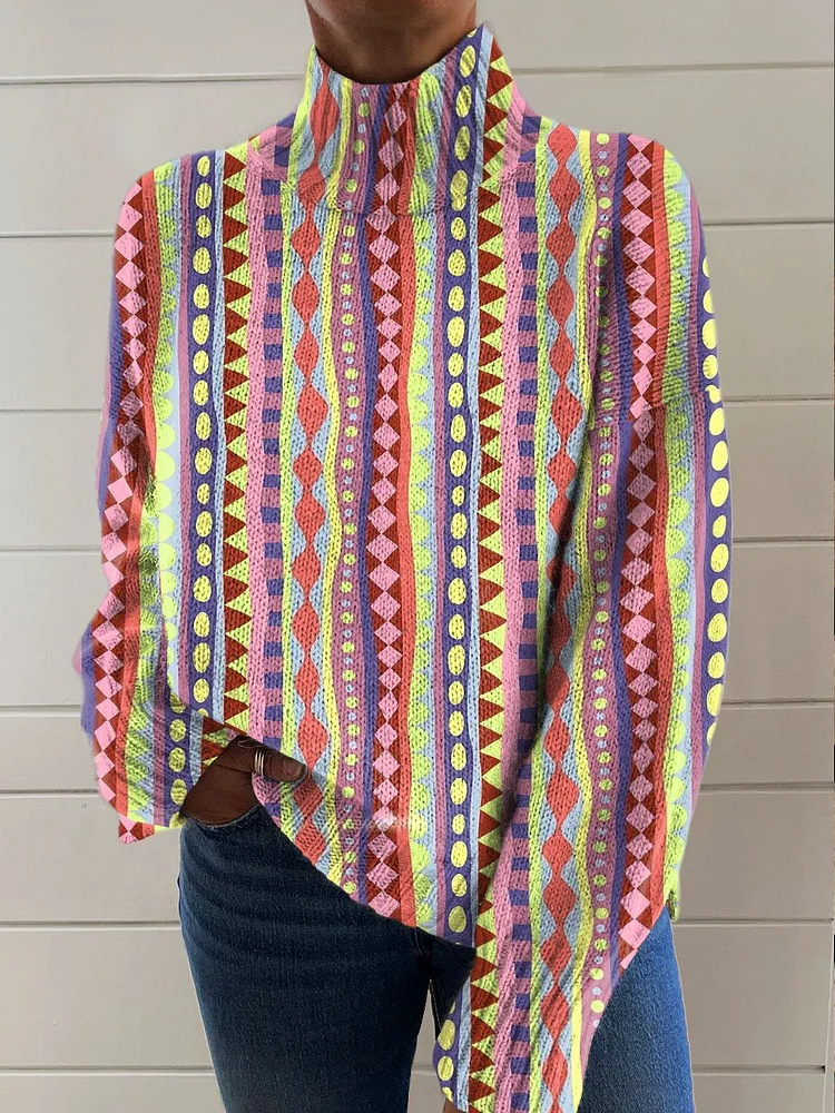 Colorful Geometric Art Print Knit Turtleneck Pullover Sweater