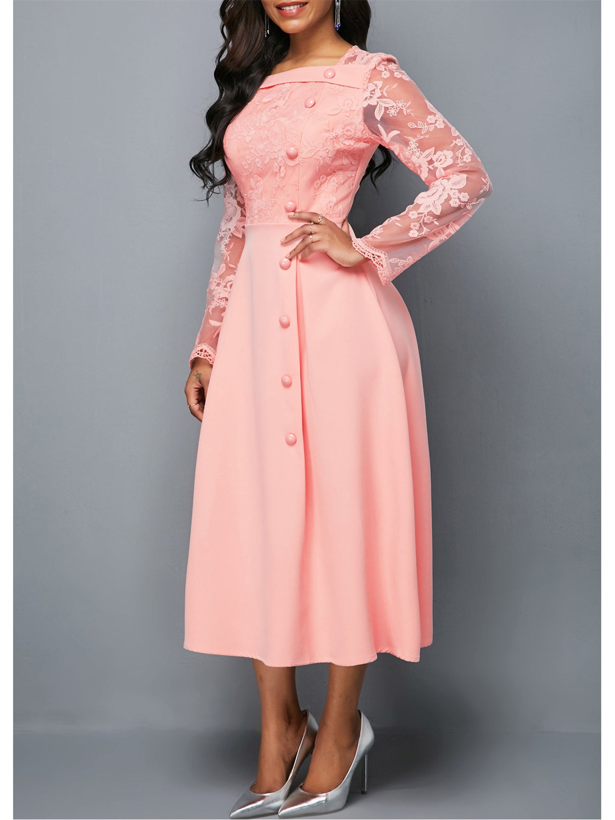 Women's Long Sleeve Square Collar Graphic Midi Dress