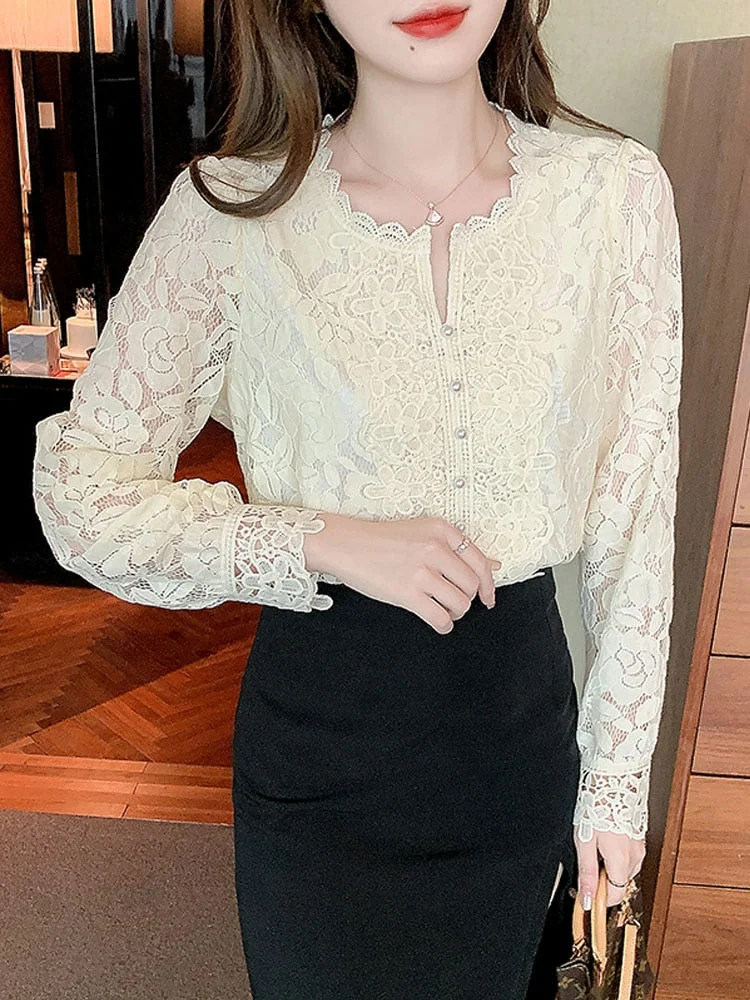 Tlbang Sleeve Sweet Lace Blouse O Neck Women Femme Blusas White Button Loose Top Hollow Out Flower Lace Patchwork Shirt 19234