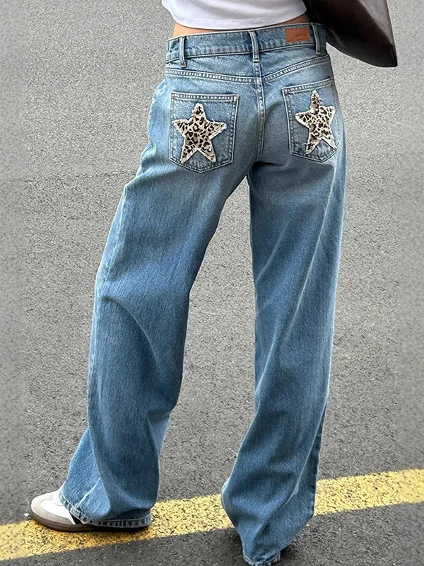 Brownm Retro Leoparden Print Stern Boyfriend Jeans