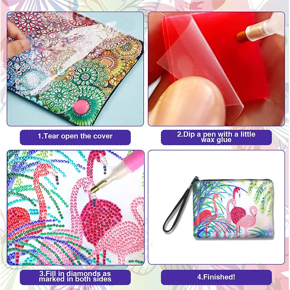 DIY Flamingo Diamond Art Cosmetic Bag Flowers Single Sided PU Women Clutch