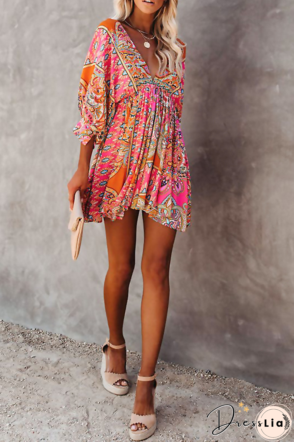 Casual Print Backless V Neck Cake Skirt Dresses