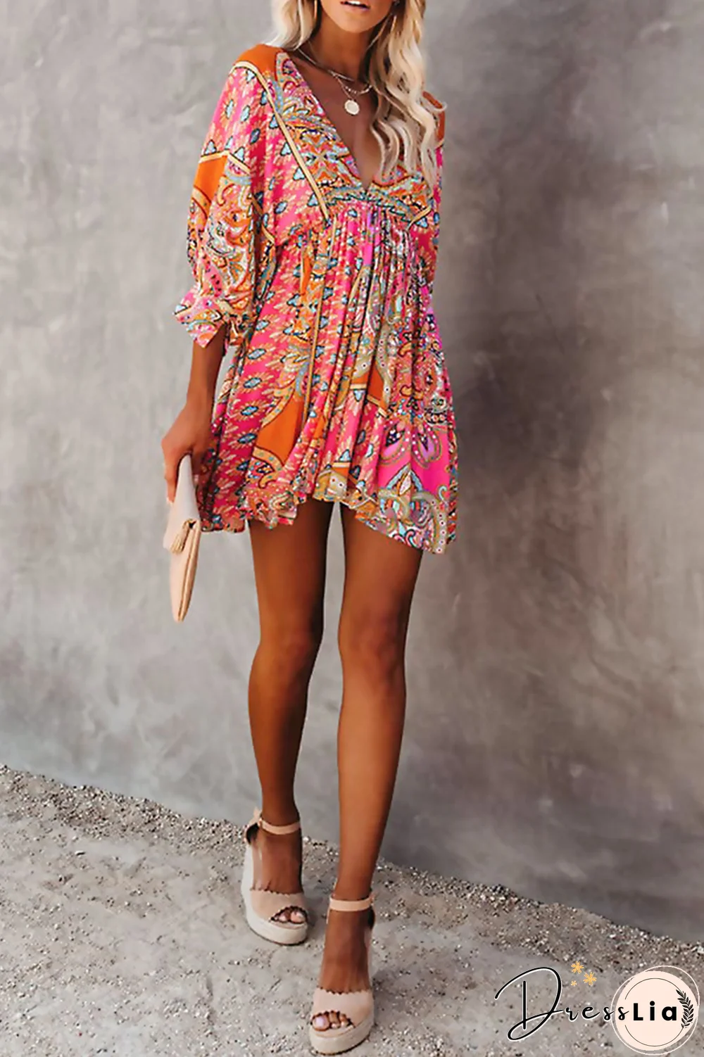 Casual Print Backless V Neck Cake Skirt Dresses
