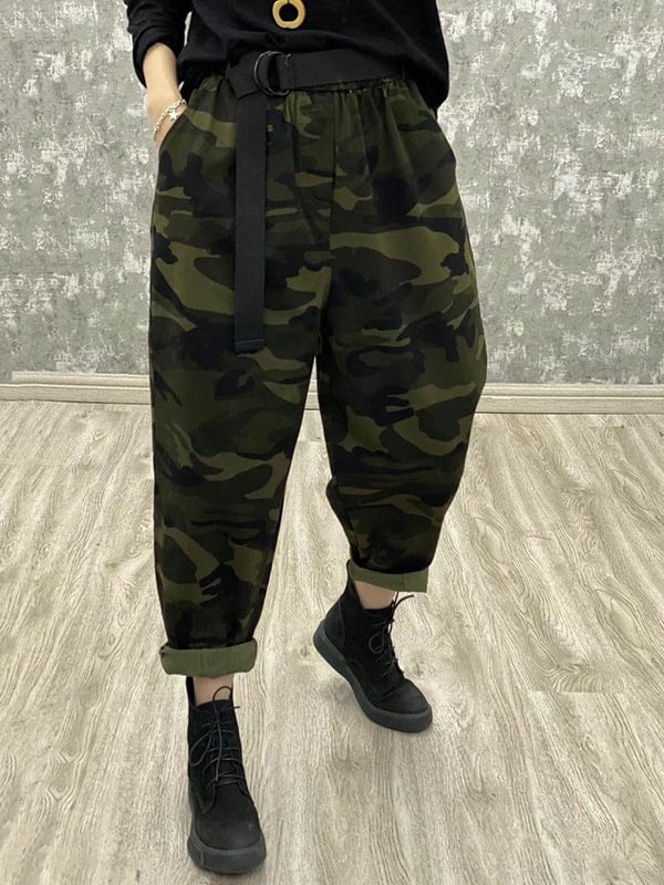 Artistic Retro Drawstring Elasticity Camouflage Pants