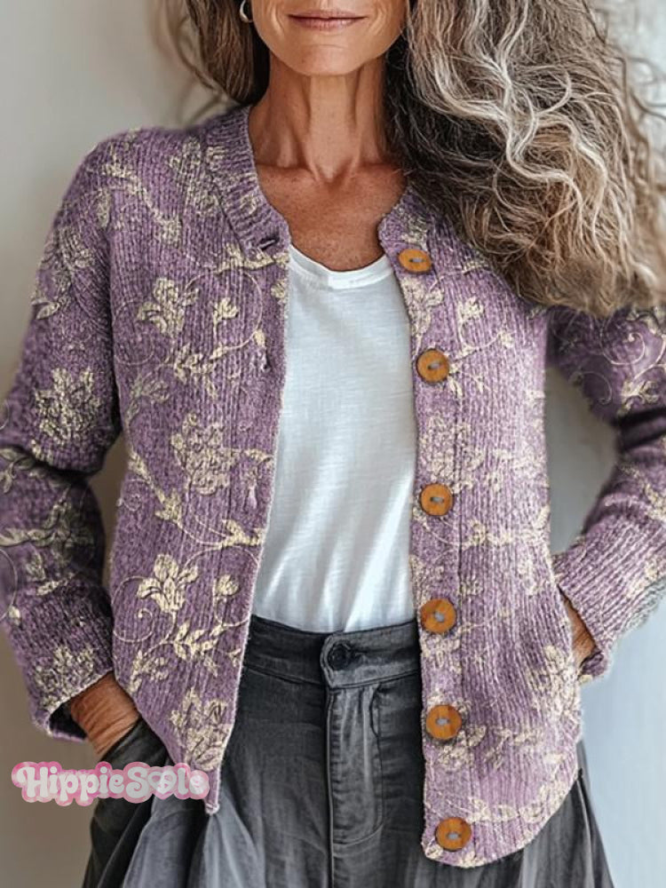 Women’s Vintage Floral Art Pattern Print Buttoned Cardigan Sweater Multicolor / S