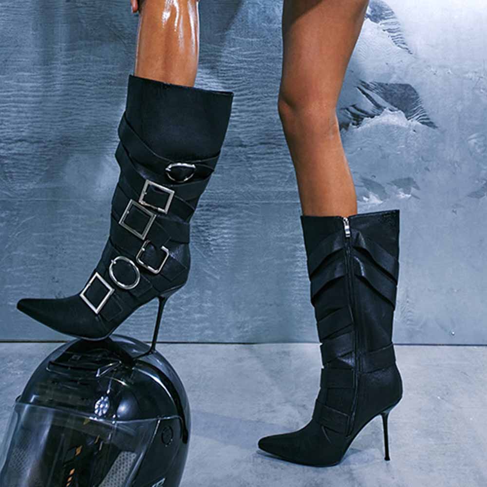 Black Pointed Toe Stiletto Heel Mid-Calf Boots with Buckle Nicepairs