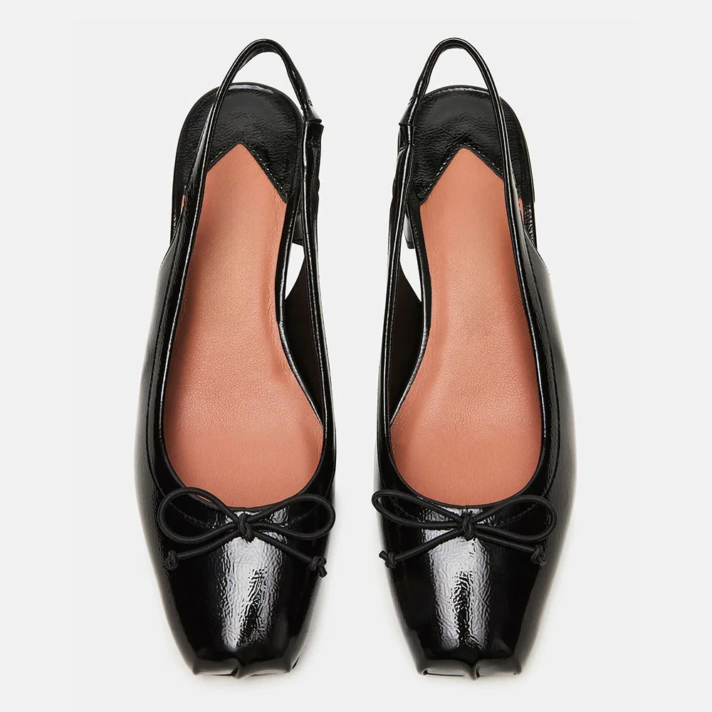 Women's Elegant Black Square Toe Bow Slingback Low Block Heel Pumps