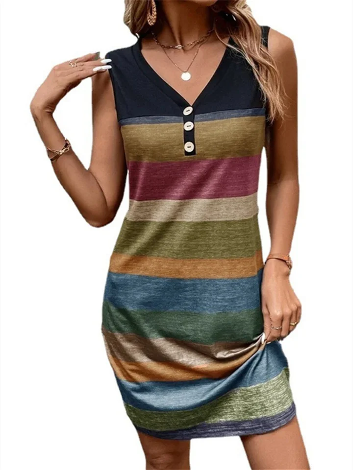 Spring and Summer New Striped Plaid Print V-neck Sleeveless Button Loose Undershirt Irregular Mid-waist Commuter Style Dresses Long | 168DEAL
