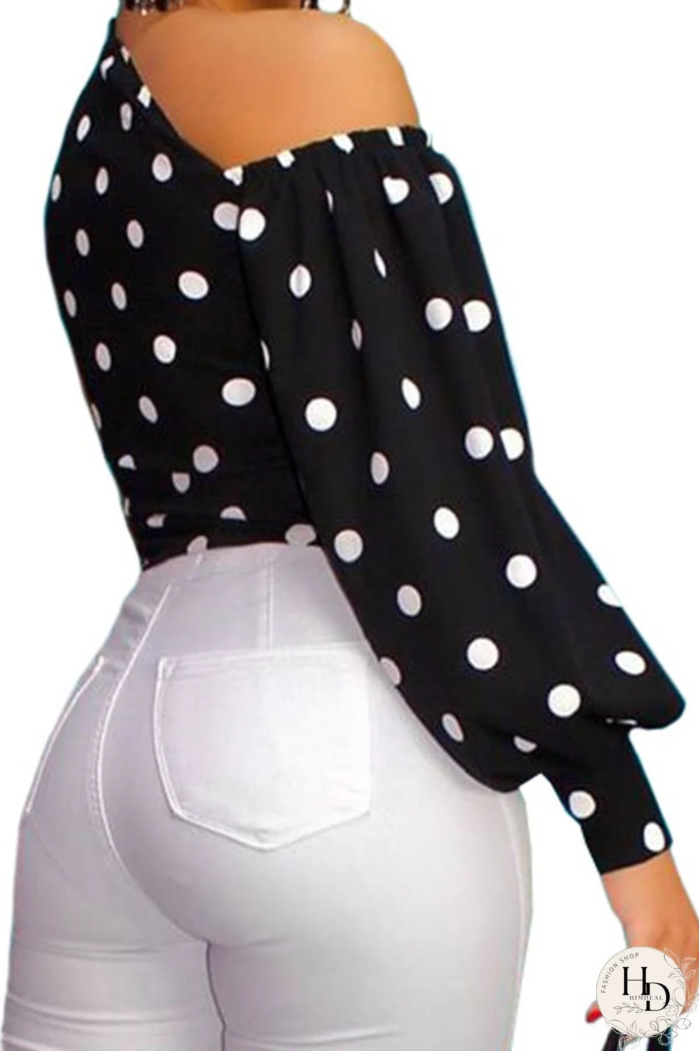 Black One Shoulder Collar Long Sleeve Print Tops