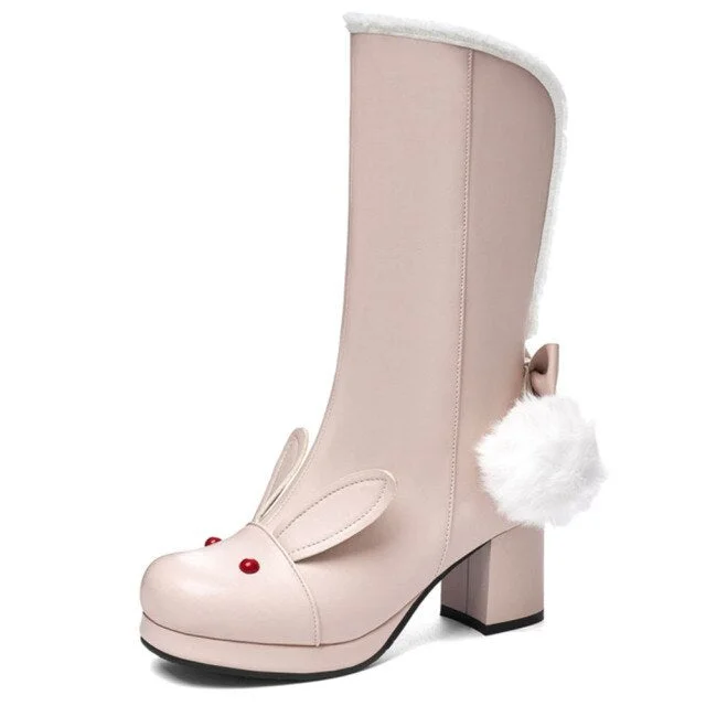 Black/Pink/White Cute Rabbit Ears Sweet Snowball Mid Calf Platform Boots SP18277