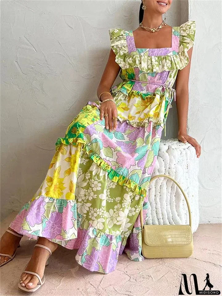 MidiSono - Women's Fashion Square Neck Sleeveless Multicolor Splicing Dress