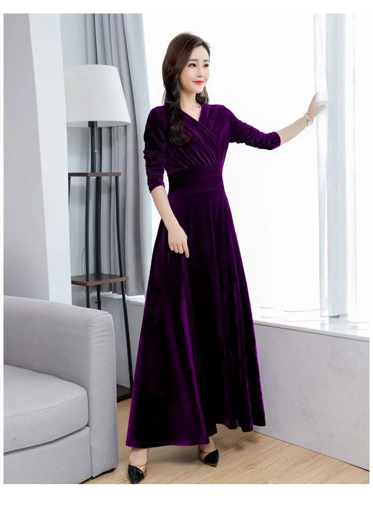 V Neck Plain Slim Defined Waist Velvet Dress