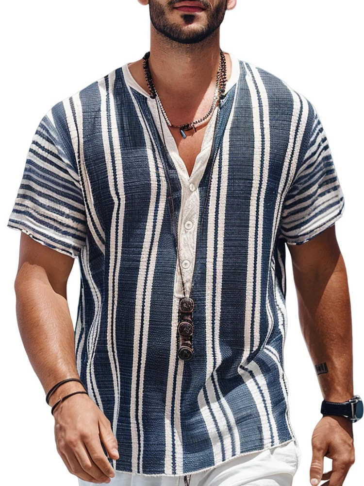 Men's Hawaiian Stripe Color Block V-Neck Button-Down Shirt