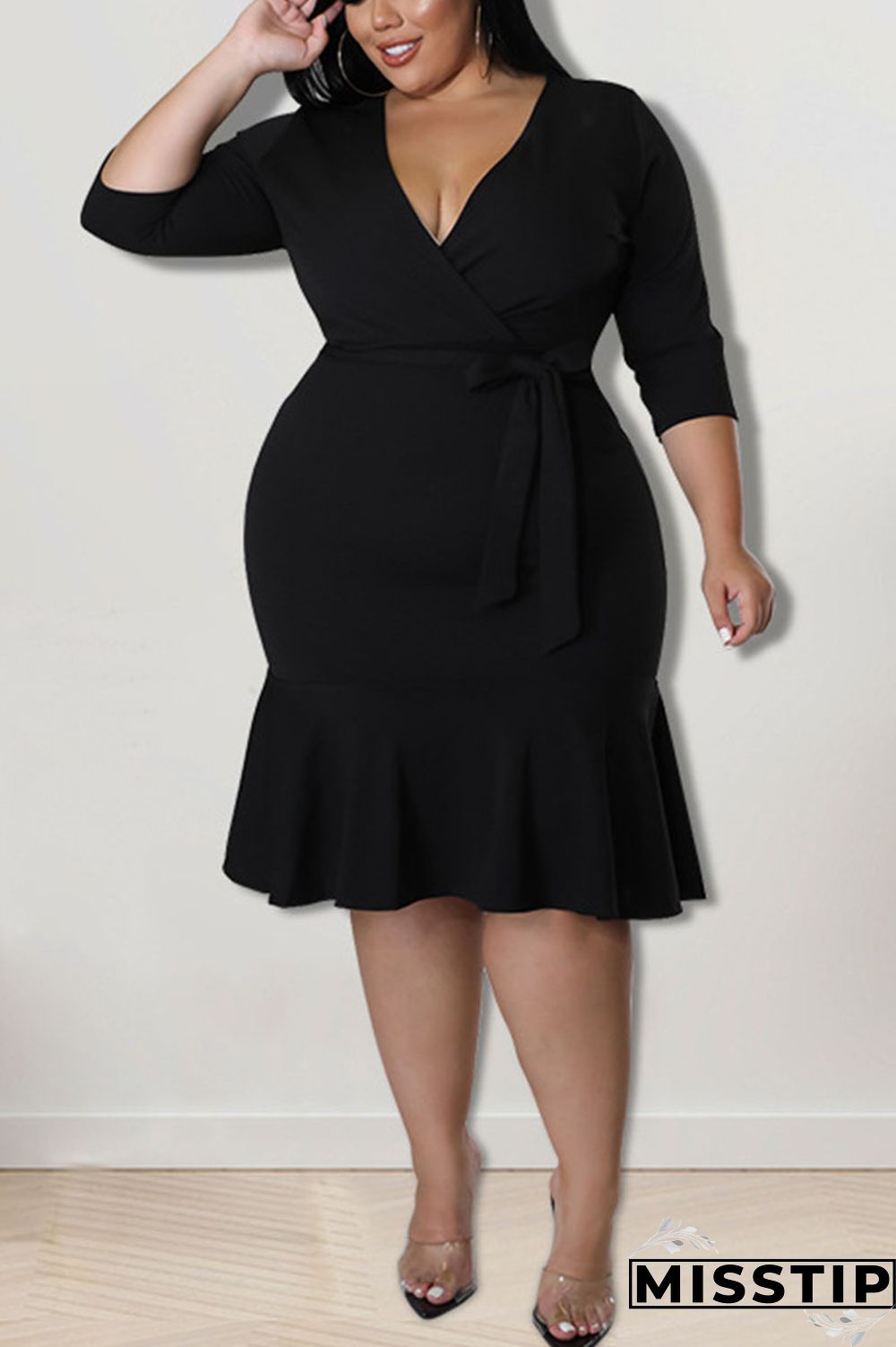Black Casual Solid Bandage Patchwork Flounce V Neck Straight Plus Size Dresses