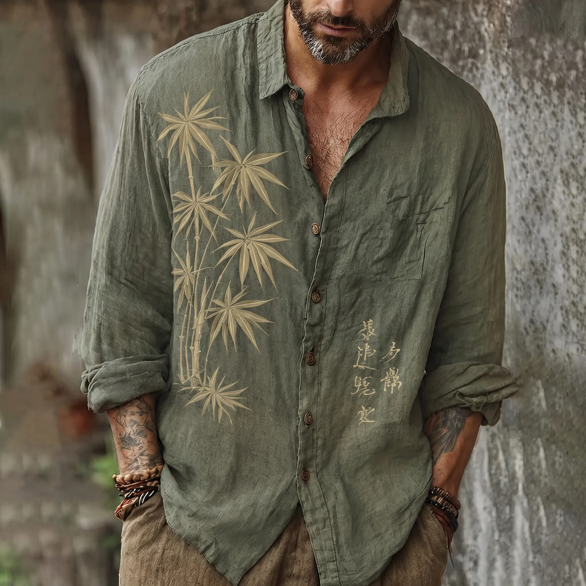  Men's Vintage Japanese Bamboo Embroidery Art Long Sleeve Linen Blend Shirt Westsshops